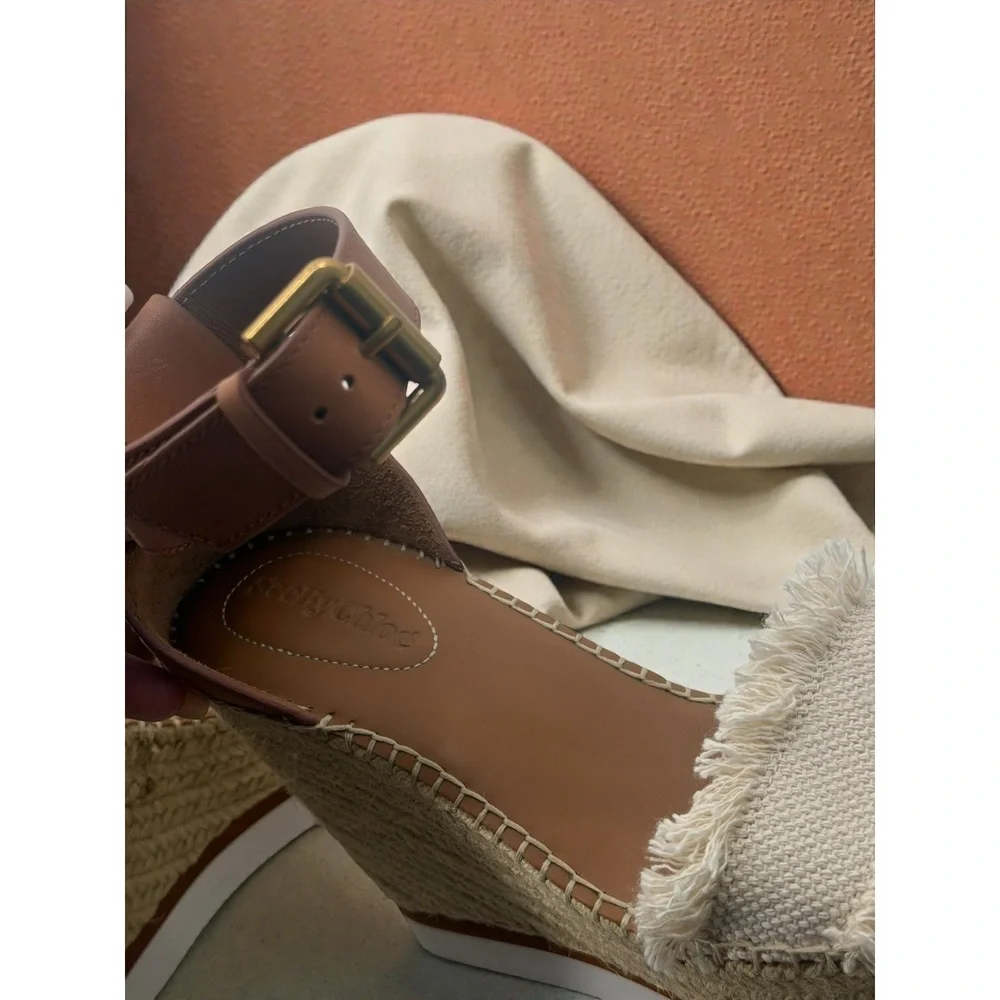 See by‎ Chloe Glyn Fringe Canvas Leather Espadrille Platform Wedge Sandals 38